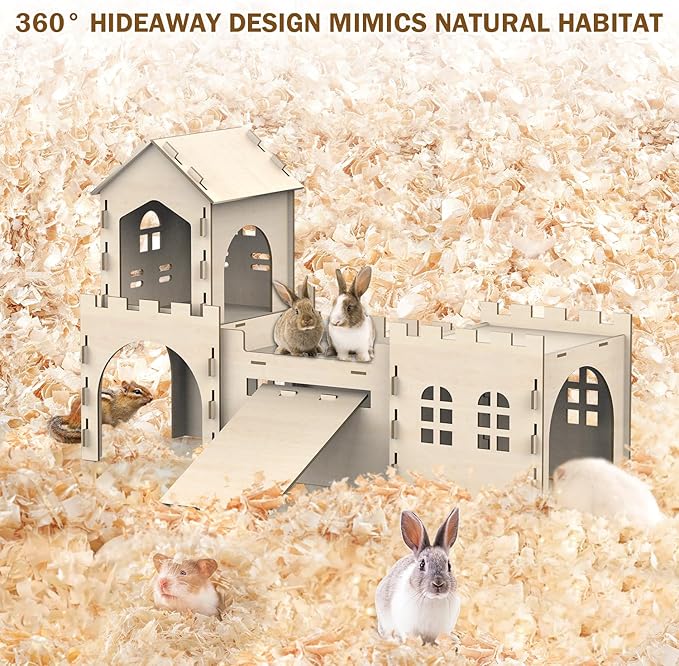 Large Bunny House and Hideouts, Wooden Dual-Layer Rabbit Castle with Stair, Rubber Band-Free Setup - Chew-Proof, Sturdy Habitat for Guinea Pig Chinchilla Ferret (Rabbit House)