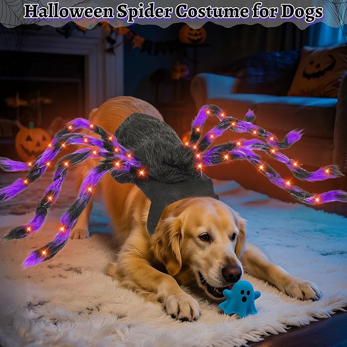Camlinbo 24 LED Spider Dog Halloween Costume for Small Medium Large Dogs, Furry Spider with LED Lights Puppy Pet Costume Outfits Clothes Funny Halloween Costume Party Cosplay