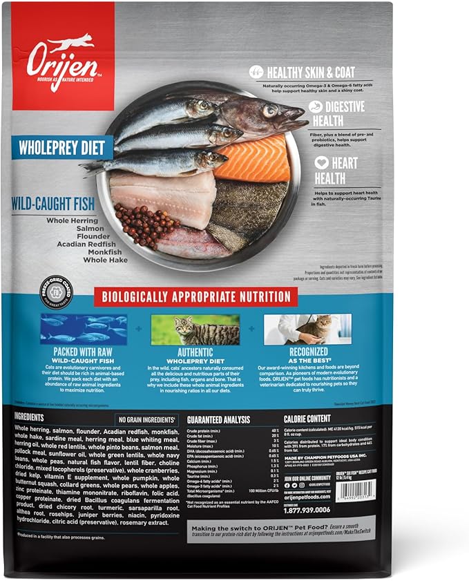 ORIJEN Grain Free High Protein Premium Dry Cat Food Six Fish Recipe 12lb Bag