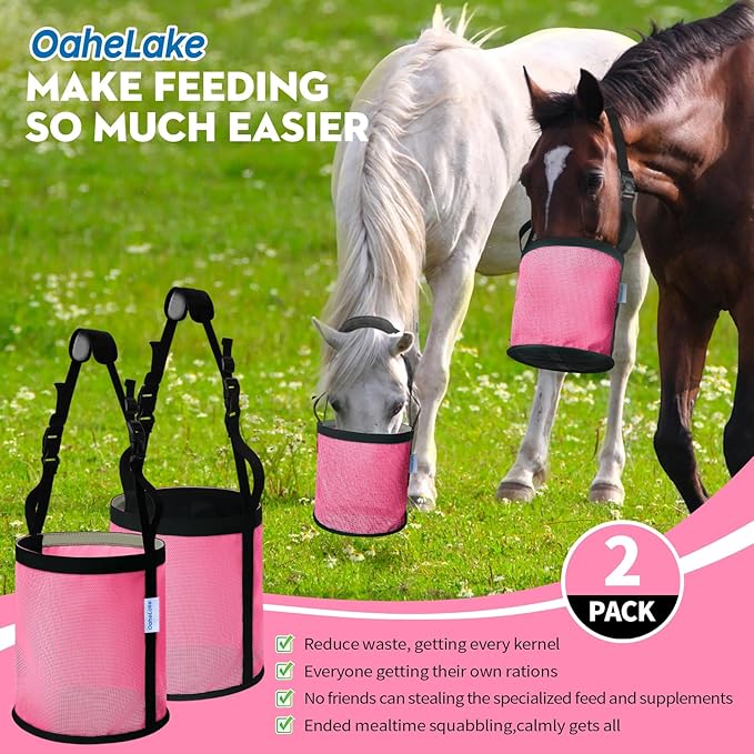 Horse Feed Bag 2 Pcs, Mesh Feed Bags for Horses, Muzzle Feedbag for Feeding Grain, Anti-Spill Design Feeder, Soft Neck Pad Nose Pad, Breathable and Universal Fit (Pink, Pack of 2)