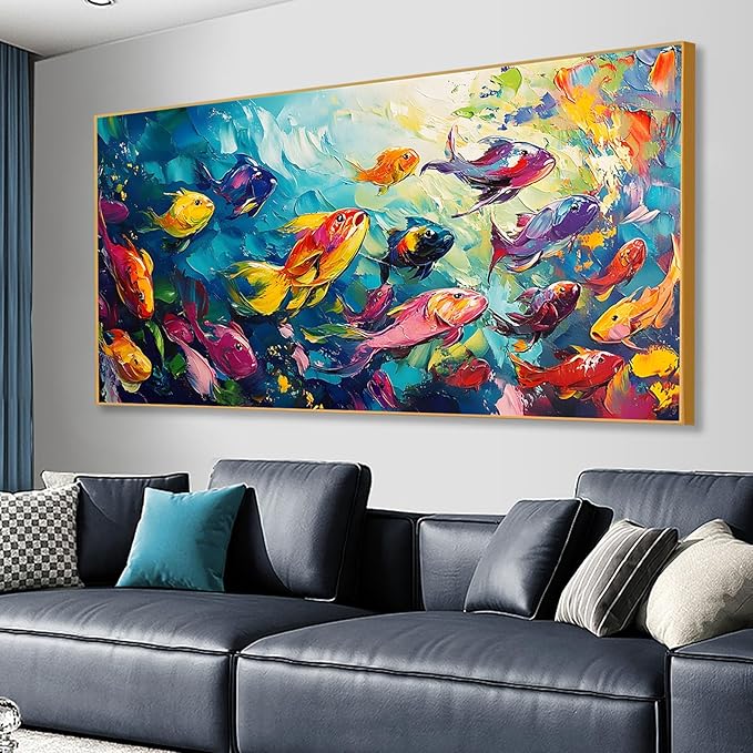 School of Fish Printed Canvas Wall Art – Framed Abstract Ocean Print – Vibrant Fish Wall Decor for Living Room, Bedroom, Office (Black Framed, 62"x31"|160x80cm)