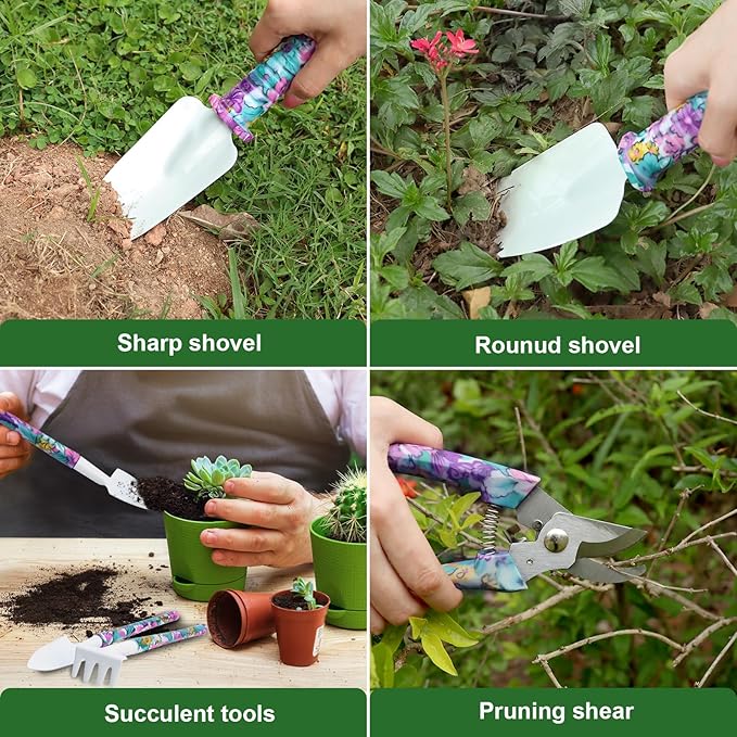 Gardening Tool Set 10-Piece, Heavy Duty Garden Tool Set with Purple Floral Tote Bag and Gift Box, Gardening Tools Kit with Ergonomic Non-Slip Handle, Ideal Gardening Gifts for Women Mom