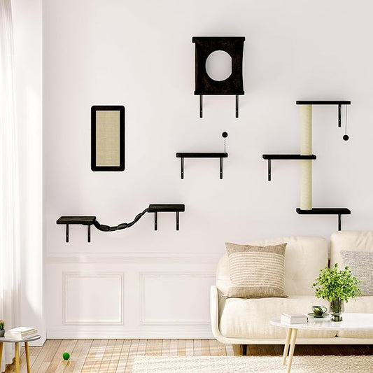 NUNU LAB Wall Mounted Cat Furniture, 5 Pcs Cat Wall Shelves with House, Bridge, Steps, Scratching Post, Shelves, Indoor Safe & Stable Furniture for Kittens Play, Black