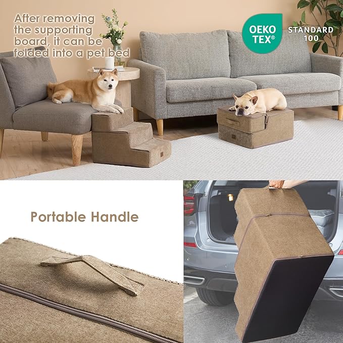 EHEYCIGA Dog Stairs for Small Dogs 13.5" H, 3-Step Dog Steps for Couch Sofa and Chair, Pet Steps for Medium Cats, Non-Slip Balanced Pet Ramp Indoor, Camel