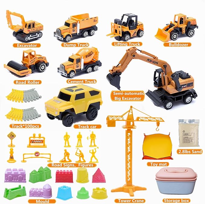 Sand Construction Kit, 2.2lbs Play Sand with Sandbox, 1 Toy Mat 8 Alloy Construction Trucks Race Tracks 10 Sand Molds Sensory Bin Toys for Toddlers Boys Girls Ages 3-8