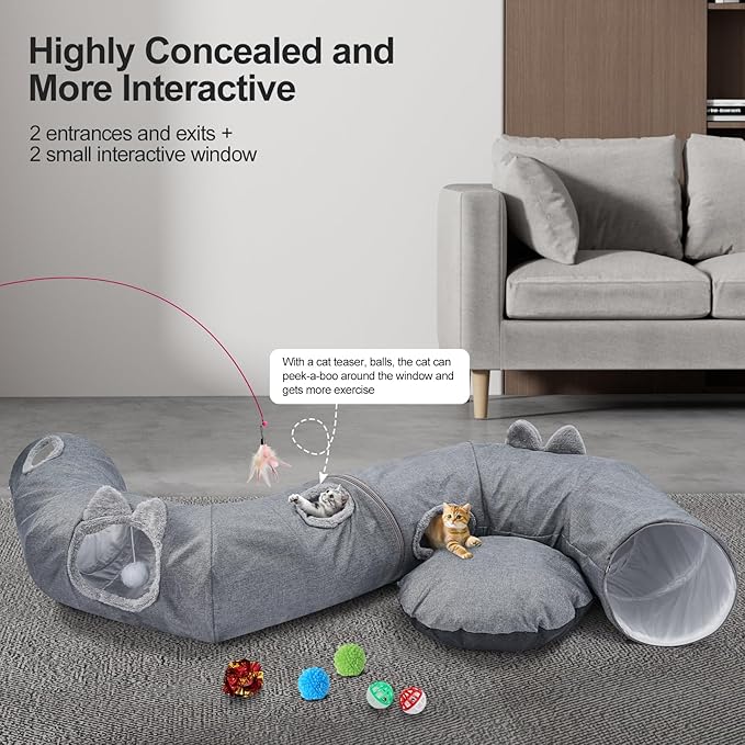 Odoland Summer Linen Cat Tunnels for Indoor Cats with Cooling Central Cat Bed, Interactive Cat Toys Detachable Soft Mat and Variety Kitty Toy Set Grey