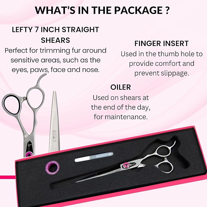 Kenchii Love Left Handed Dog Grooming Scissors, 7 Inch Straight Shears, Dog Scissors for Grooming, Professional Pet Grooming Scissors, Ergonomic & Comfortable