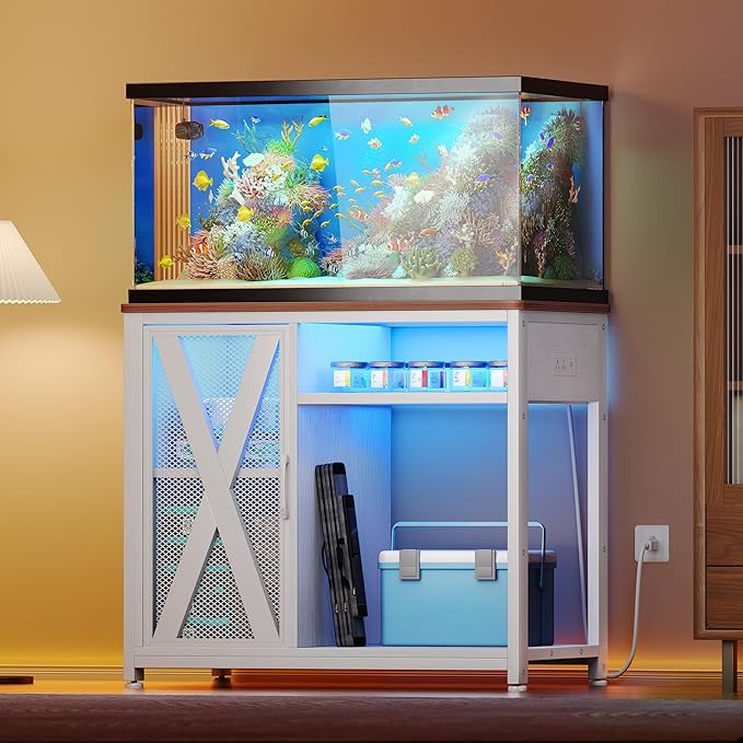 YITAHOME Fish Tank Stand with Power Outlets & LED Light, 40-50 Gallon Metal Aquarium Stand with Cabinet for Fish Tank Accessories Storage for Turtle Tank, Reptile Terrarium, 660LBS Capacity, White