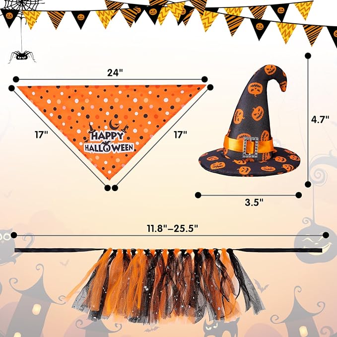 SCENEREAL Small Dog Halloween Costumes, Bandana Hat Dress Set, 3pcs Puppy Party Supplies, Soft Triangle Scarf, Cute Tutu Skirt Outfit for Girl Boy Pet-(Small)