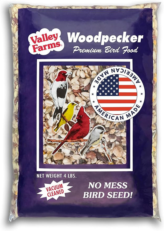 Valley Farms Woodpecker Mix, No Mess Bird Seed for Outdoor Feeders, W/Peanuts and Sunflower Hearts for Birds, Woodpecker Food, Attract All Bird Species (4 LBS)