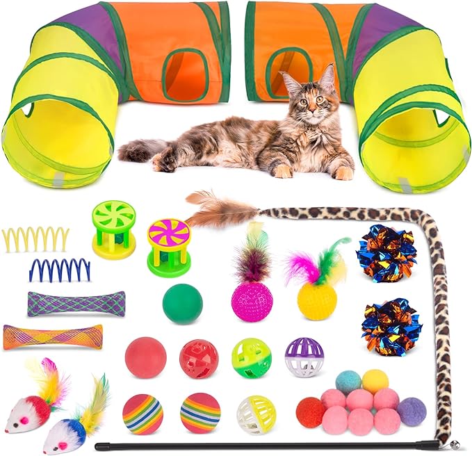 Retro Shaw Cat Toys Kitten Toys, Interactive Cat Tunnels Toy for Indoor Cats Kitty, Kitten Tube Tent Feather Wand Teaser Bell Fuzzy Ball Springs Mouse (33 Pcs Large Cat Tunnel Toys Set)
