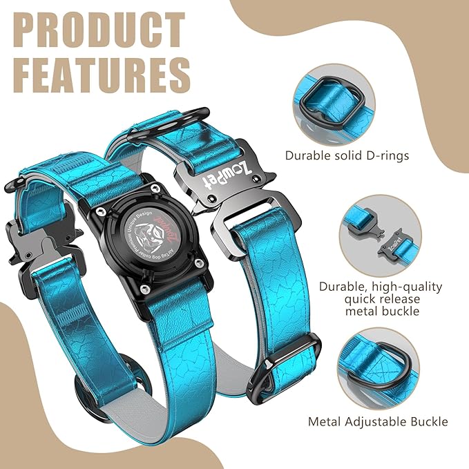 AirTag Dog Collar - Leather Dog Collar with Airtag Holder | IP68 Waterproof AirTag Holder with Metal Buckle, Comfortable GPS Dog Collars Tracker for Medium Large Dogs (Blue, XL)