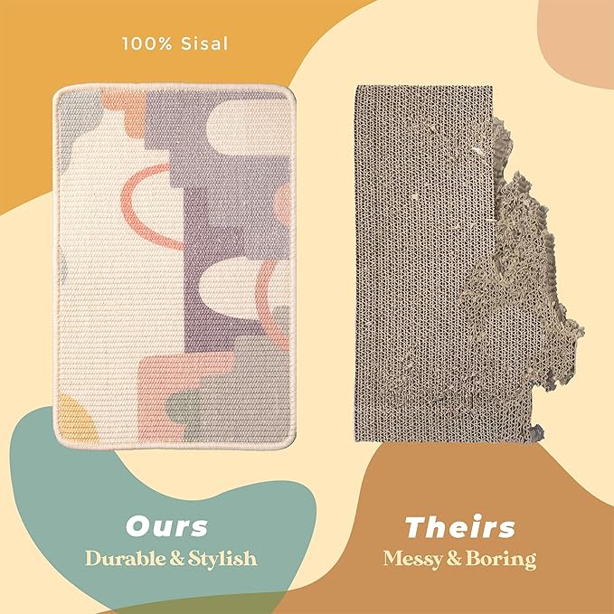 SCRATCHABLE Sisal Cat Scratcher, [+ Catnip Fish Toy], Cat Wall Scratcher, Couch Protector from Cat Scratching, 24 X 15.8 with 12 Adhesive Velcro Stripes. (Modern)