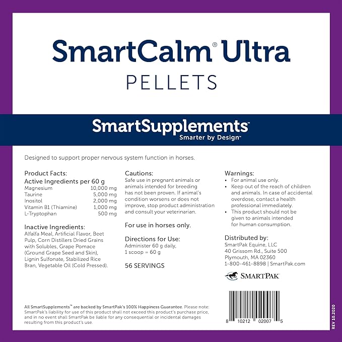 SmartCalm Ultra Pellets | Calming Horse Supplements | with No Added Herbs or Sugar | Equine Supplement | Helps Minimize Excessive Skittishness | 56 Servings | 7.5 lb Bag
