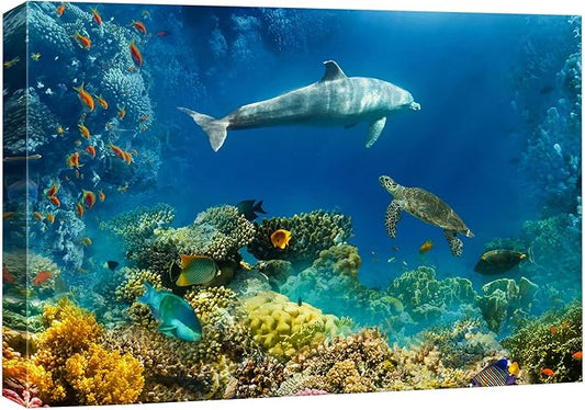 wall26 Canvas Print Wall Art Tropical Ocean Underwater Dolphin Coral Reef Nature Animals Photography Realism Rustic Scenic Landscape Wilderness Colorful for Living Room, Bedroom, Office - 16"x24"