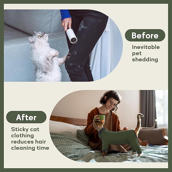 PUMYPOREITY Sticky Hair Cat Clothes, Prevent Hair Loss Cat Pajamas, Soft Cat Sweaters for Cats Only, Cat Hair Sticky Onesie, Cat Recovery Suit After Surgery, Green, 2XL