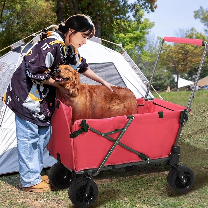 REDCAMP Folding Dog Wagon Cart with Extendable Rear End Heavy Duty, 220L Large Collapsible Utility Cart Dog Stroller with Tailgate for Sports Shopping Pet, Pink