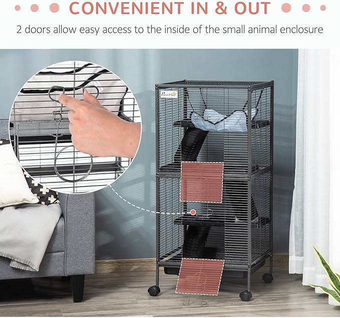 PawHut Metal Small Animal Cage, 4-Tiers Rolling Big Ferret Cage with Hammock, Removable Tray, for Chinchilla, Sugar Glider, Gray
