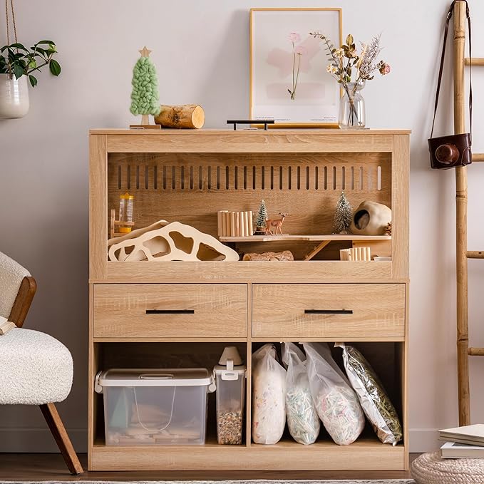 MEWOOFUN Large Hamster Cage, Hamster Cage and Habitats with Drawers and Storage Cabinet, Openable Top, Three-Sided Visibility and Four-Sided Ventilation, 39.4" L x 19.7" W x 41.7" H