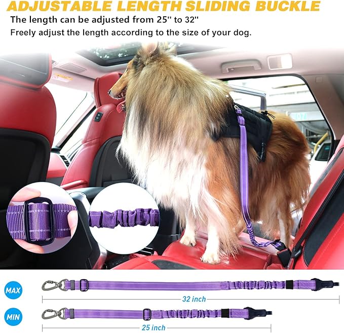 AUBELL Dog Seat Belt for Car,Updated 3-in-1 Adjustable Reflective Bungee Heavy Duty Dog Car Harness Tether with Clip Hook Latch & Buckle,Swivel Zinc Alloy Carabiner,Purple