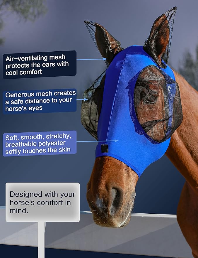 Horse Fly Mask with Ears, UV Protection Mask for Horses, Elasticity Mask with Big Mesh Eye Covers, Snug Fitting Comfortable Breathable Lightweight Royal Blue Full Size