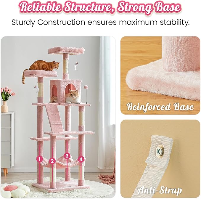 MWPO 70.1-Inch Pink Large Cat Tree, Multi-Level Tall Cat Tower for Indoor Cats, Plush Cat Condo with Big Padded Perches, Sisal-Covered Scratching Posts, Hammock, Toys for Kittens & Cats