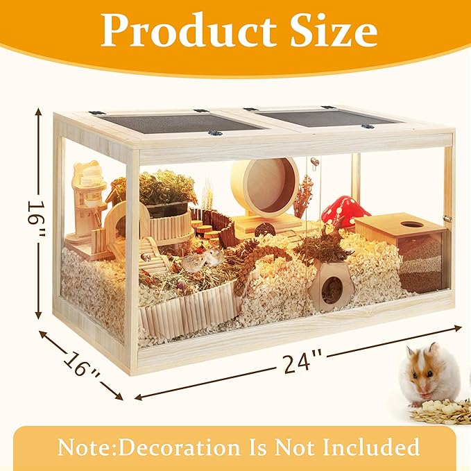 Hamster Cage with Openable Metal Mesh Top,Solid Built Hamster Enclosure with Lock Design for Gerbil Cage,Hamster Habitat Chewproof with Transparent Panels (24"x16"x16")