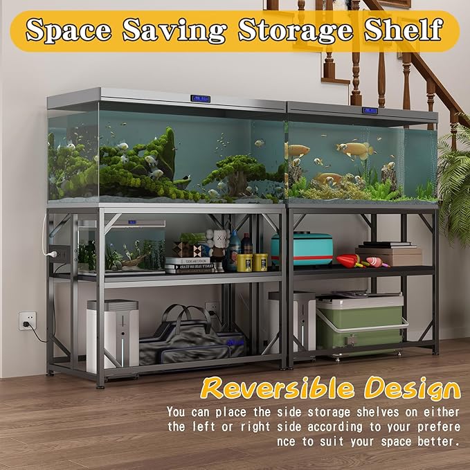 Sturdy Metal Aquarium Stand with Power Outlets, Adjustable Storage Cabinet - 660LBS Capacity, Black - Suitable for 40 Gallon Fish Tank, Turtle Tank, Fish Tank Accessories - Perfect Fish Tank Stand for Organization and Convenience
