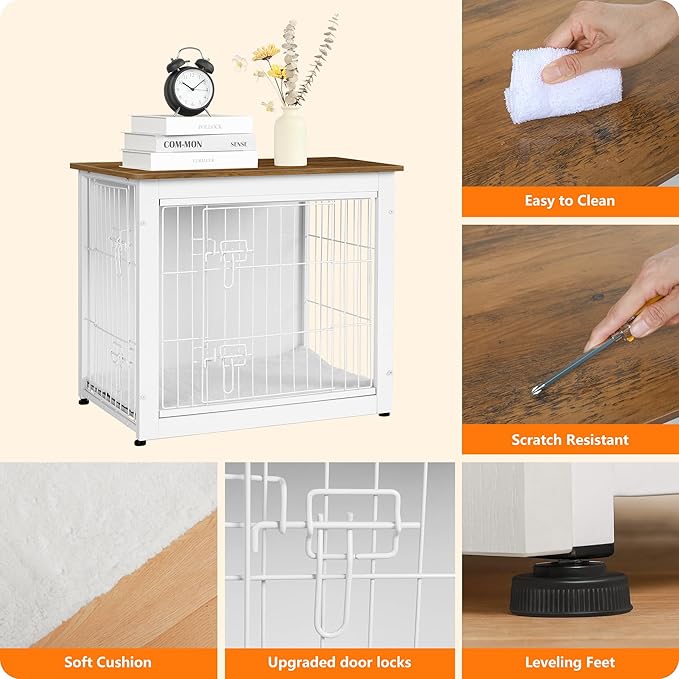 DWANTON Dog Crate Furniture with Cushion, Wooden Kennel Table with Double Doors, Indoor Dog House, Small/Medium/Large Size, 27.2" L, White+Warm Brown