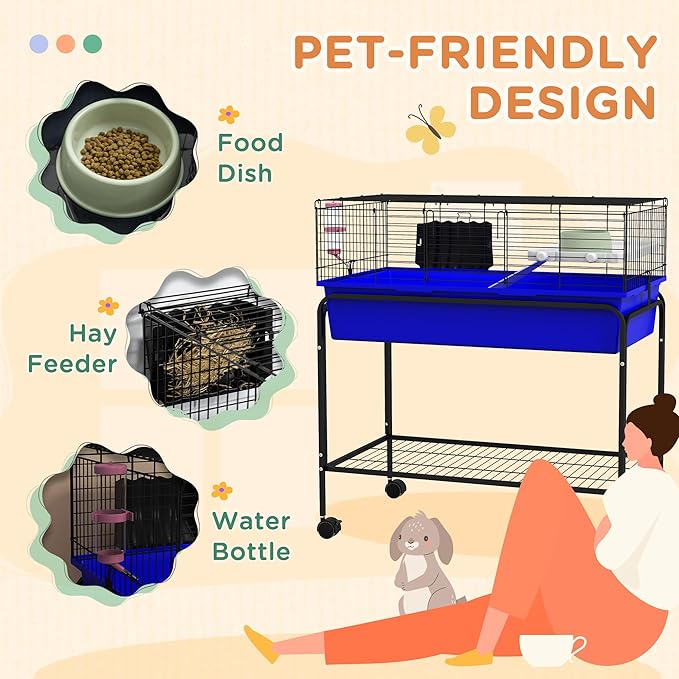 PawHut Two-Story Small Animal Cage Removable from Stand, Guinea Pig Cage with Shelf & Wheels, Pet Habitat for Hedgehog, Chinchilla, Ferret, 33" x 18.5" x 35", Blue