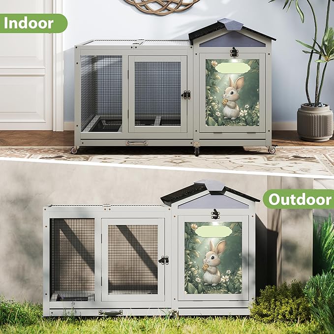 COZIWOW 38.5inches Durable Wooden Rabbit Cage Indoor，Wide Space Small Animal House with Removable Tray&Safety Lock，Rubbit Hutch with Waterproof Roof&Solar Panels (Grey with Pattern)