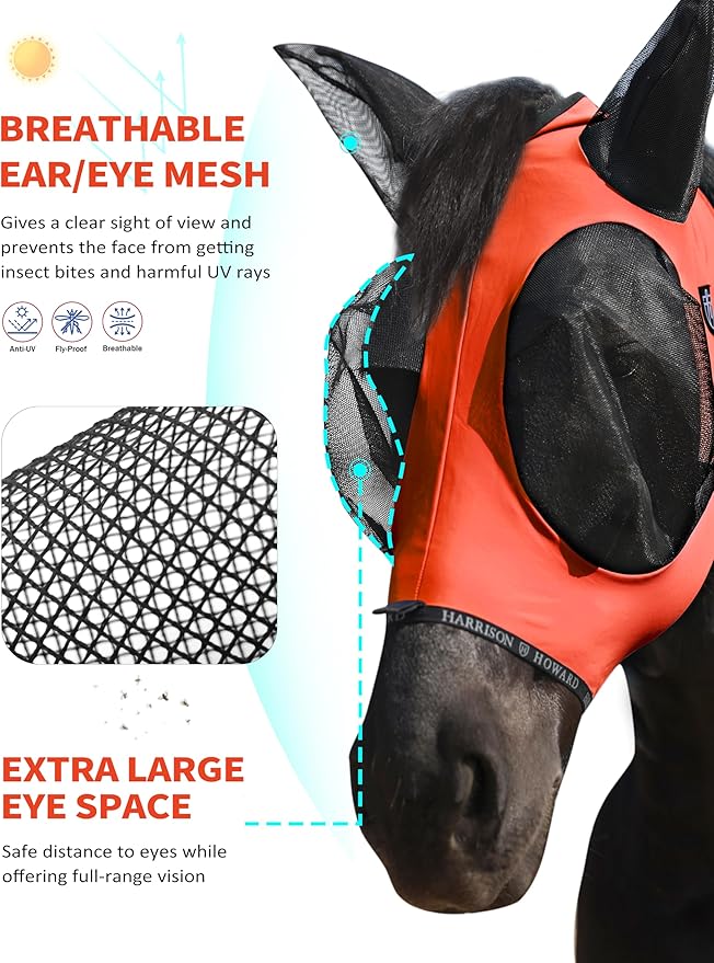 Harrison Howard Horse Fly Mask with Forelock Opening Stretch Breathable and Comfortable for Horses UV -Protection Orange L