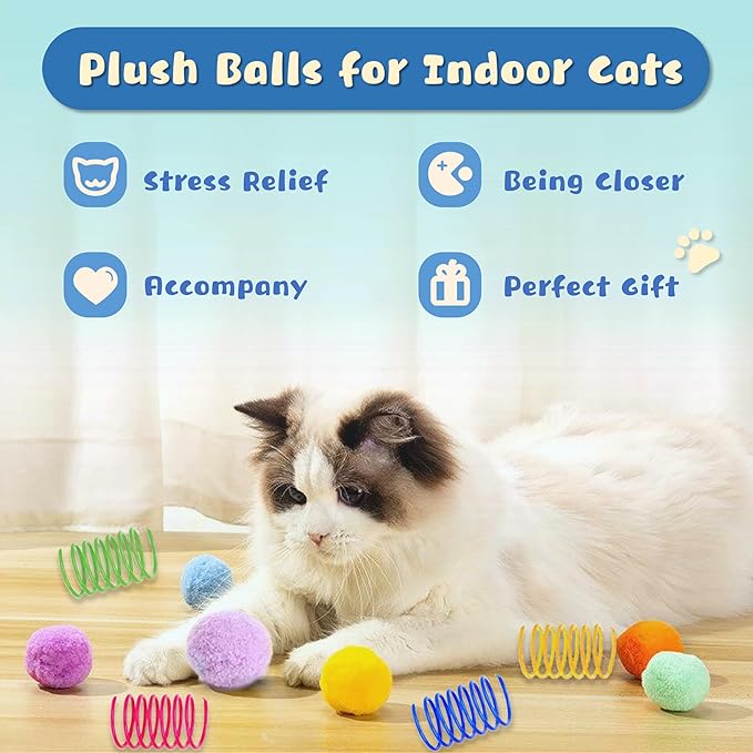 30 Pcs Premium Silent Cat Pom Pom Balls, Interactive Lightweight Assorted Colors Fuzzy Toy Balls (1.2 inches), with 4 Pcs Cat Spring Toy for Indoor Kitten Playing Exercising