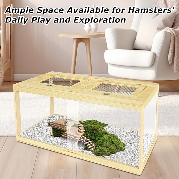 Large Hamster Cage 40", Lockable Sliding Door Gerbil Cage, Dwarf Hamster Cage with Metal Mesh Roof, Mice and Rat Habitat, Chewproof Syrian Hamster Enclosure, (Wooden, 40" L x 20" W x 20" H)