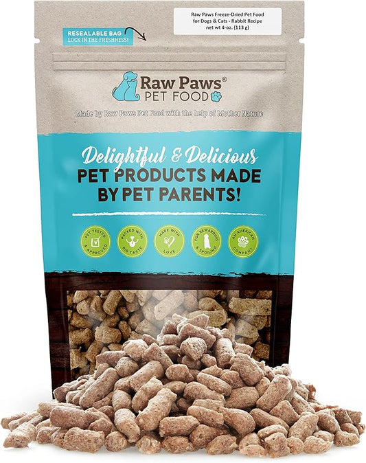 Raw Paws Freeze-Dried Pet Food for Dogs & Cats- Rabbit Recipe, 4-oz - USA Raw Dog Treats for Training - Cat and Dog Treats - 100% Rabbit Meat, No Added Hormones or Antibiotics