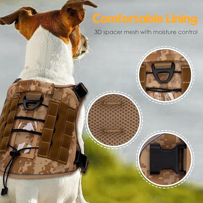 Heavy-Duty Tactical Dog Harness for Large Dogs, No Pull Adjustable Reflective Pet Vest with Molle System, K9 Military-Grade Control for Service Training, Outdoor & 10+ Breeds, Khaki Camo, Large