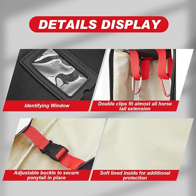 Horse Tail Extension Bag and Double Side Pin and Bristle Comb Brush, Red and Black Fake Horse Tail Bag