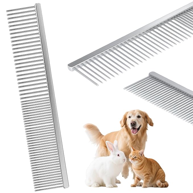 7.5 Inch Professional Stainless Steel Pet Grooming Comb for Dogs & Cats, Wide & Dense Teeth for Removing Tangles, Knots,Undercoat,Flea,Excess Hair, Rounded Corners Design for Safe,Metal Dematting Tool
