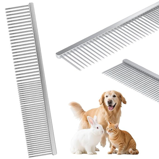 7.5 Inch Professional Stainless Steel Pet Grooming Comb for Dogs & Cats, Wide & Dense Teeth for Removing Tangles, Knots,Undercoat,Flea,Excess Hair, Rounded Corners Design for Safe,Metal Dematting Tool