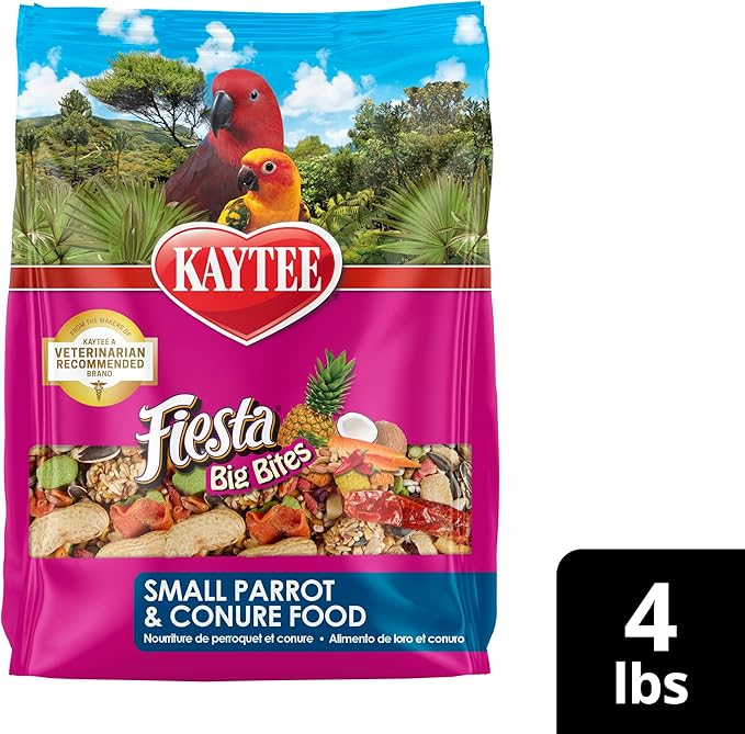 Kaytee Fiesta Big Bites Small Parrot & Conure Food, Nutritious and Fun Blend, Supports Skin, Feather, Digestion, Brain and Heart Health, 4 pounds