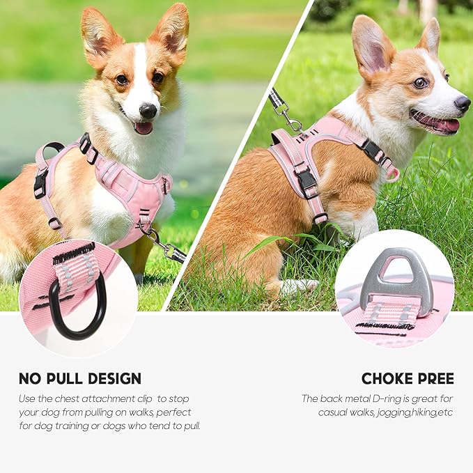 Timos Dog Harness, 3 Snap Buckles No-Pull Soft Padded Dog Vest with 2 Metal Leash Clips, Adjustable Reflective No Choke Pet Harness with Easy Control Handle for Medium Dogs,Pale Pink,M