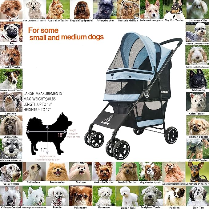 ROODO 4 Wheel Dog Cat Pet Stroller Best Lightweight Foldable Compact Portable Jogger All Terrain Travel Pet Gear Puppy Doggie Bunny Kitty Stroller for up to 30lbs Medium Small Dogs Cats(Sky Blue)
