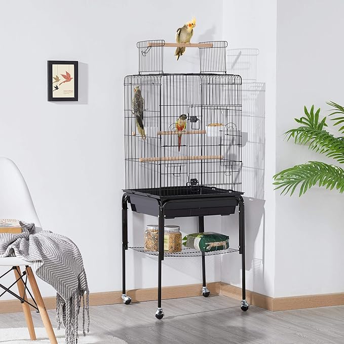 Yaheetech Open Top Rolling Parrot Bird Cage for Cockatiel Sun Parakeet Green Cheek Conure Mid-Sized Parrot Cage with Detachable Stand