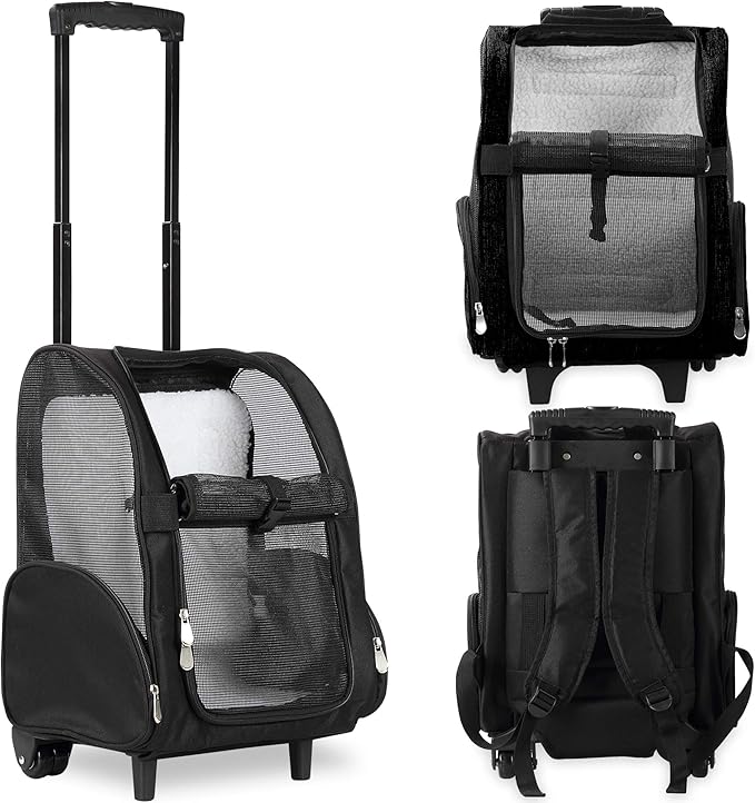 KOPEKS Deluxe Backpack Pet Travel Carrier with Double Wheels for Pets up to 10 Pounds - Black - Approved by Most Airlines
