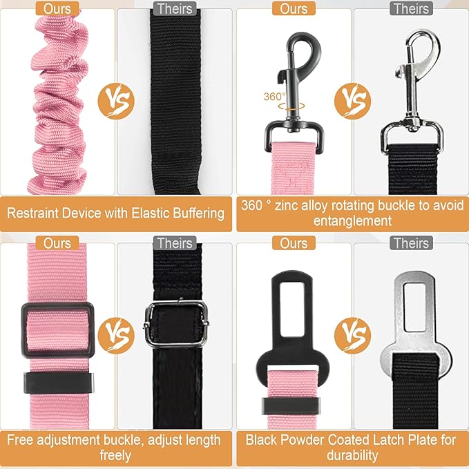 LivTee Dog Seat Belt for Car, Retractable Pet Safety Harness, Adjustable Nylon Dog Seatbelt Leash, Comfortable Dog Accessories for Vehicles (Light Pink-2PCS)