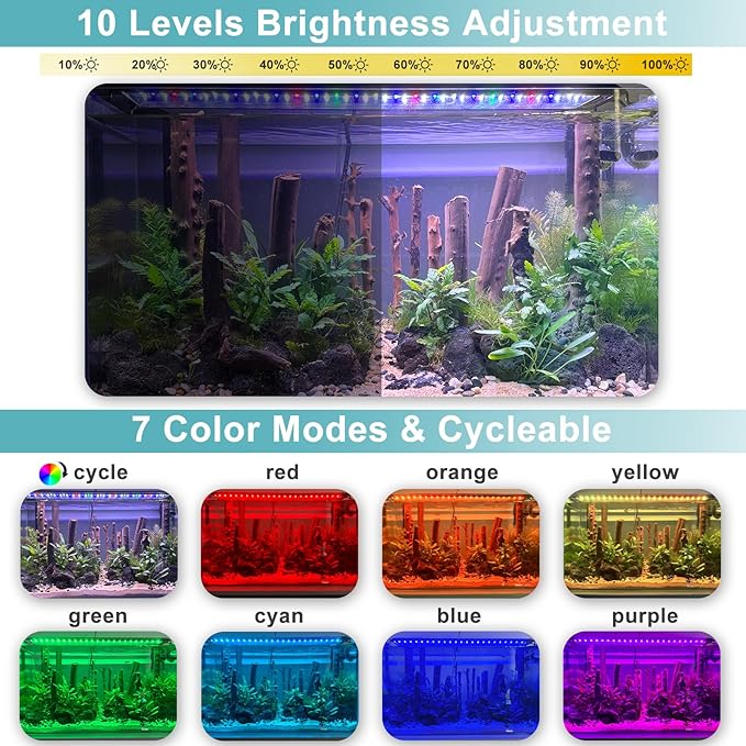 24/7 LED Aquarium Light, IP68 Waterproof Extendable Bracket Fish Tank Light with Timer, 7 Colors, 10 Level Adjustable Brightness, DIY Mode Full Spectrum Aquarium Plant Light for 48-54 Inch Fish Tank