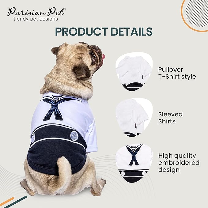 Parisian Pet Sailor Dog Costume - Embroidered Sleeved Dog Shirt - 100% Cotton & Polyester - Blue & White - 3XL