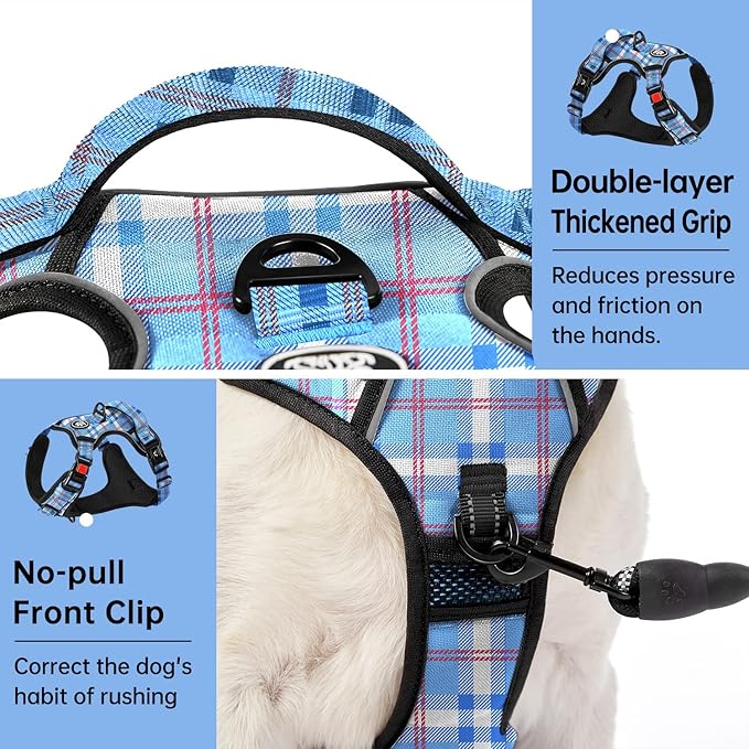 IVY&LANE No Pull Dog Harness with Leash Set, Reflective No Choke Pet Vest,Adjustable Oxford Dog Vest Harness with Easy Control Handle for Medium Lagre Dogs (Checkered Blue,M)