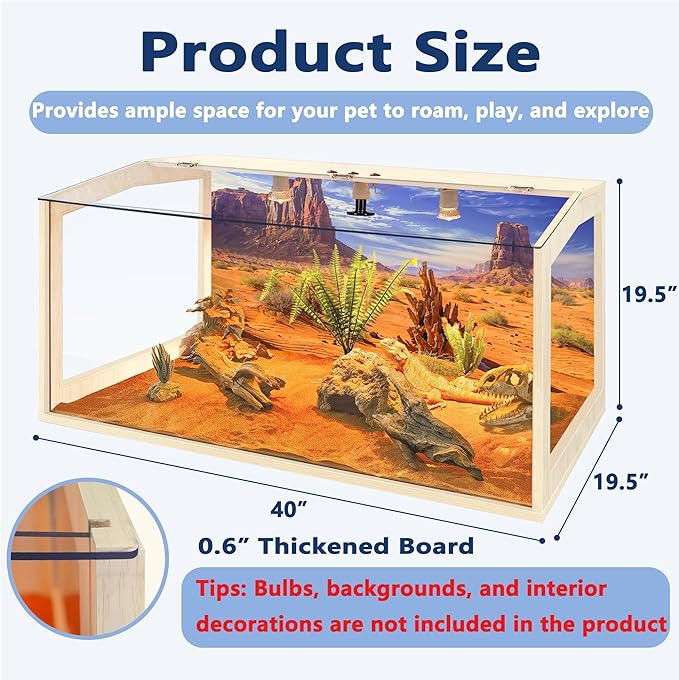 65 Gallon Reptile Terrarium Tank Large 40" x 16" x 16", Bearded Dragon Tank with Roof Door, Snake Tank with Built-in Lamp Fixture and Switch, Side Windows, 40 Inch