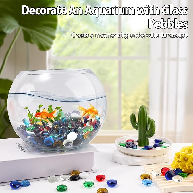 1LB Mix Glass Marbles, Transparent and Smooth Flat Glass Beads for Vases, Mosaic Gem Pebbles for Aquarium Decor, Floral Arrangements, Mancala Stones, Vase Filler and Crafts(Approx. 80-100 PCS)